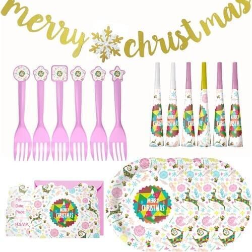 Christmas Disposable Tableware Paper Plate Cup Napkin Decoration Merry Christmas Banner Home Party Decoration Supplies Fw45