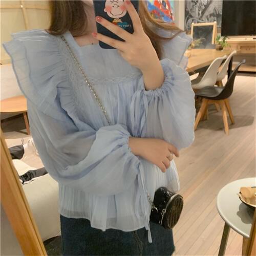 Alien Kitty Sweet Ruffles Blue Solid All Match Fresh Regular 2021 Cute Loose High Street Casual Women Simple High Quality Shirts