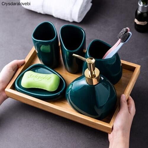 Wedding Gift Bathroom Accessories Decoration Ceramic Bathroom Set Wood Tray Nordic Toothbrush Holder Set