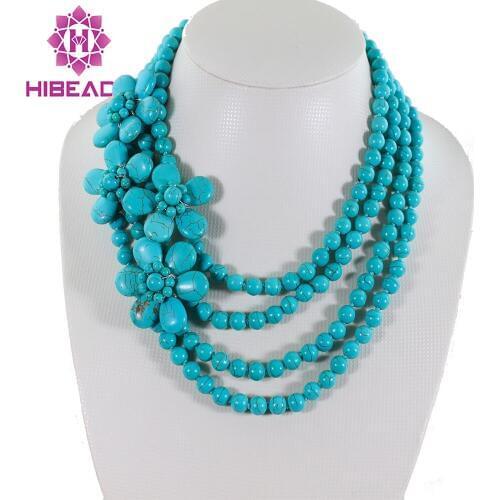 Splendid 4 Rows Blue Stone Beads Necklace Stone Flower Fancy Ladies Jewelry Free Shipping TN075