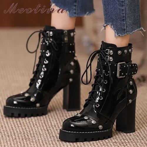 Meotina Women Cow Patent Leather Ankle Boots Rivet Thick High Heel Shoes Punk Style Zipper Round Toe Lady Short Boots Autumn 42