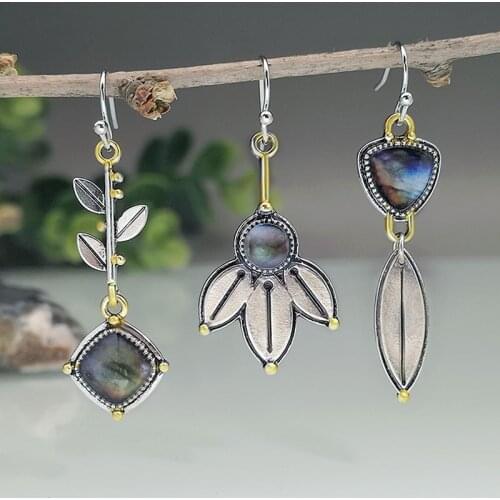 2021 New Creative Tree Leaves Stone Earrings for Women Boho Tribal Jewelry Gold Silver Color Plant Hanging Earrings