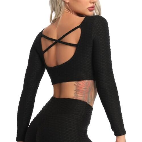 Womens Tops Fitness Long Sleeves Cross Back Sports T-shirts With Open Back Sexy Top Gym Clothes Push Up Running Sport Wear