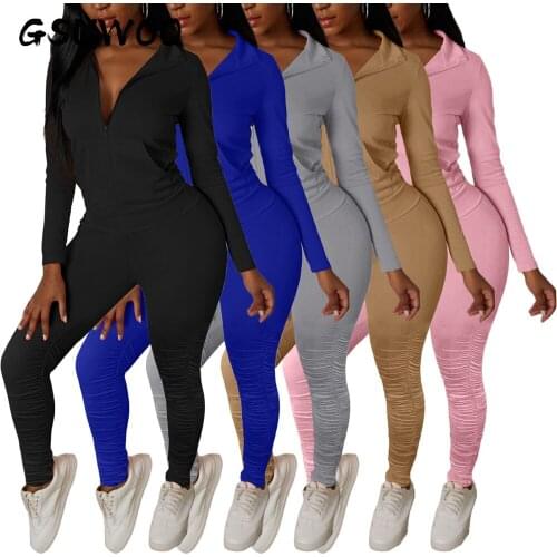 GSUWOO Womens Slim-fit Sports Suit Jacket + Stacked Pleated Pants Tracksuit Casual Long Sleeve Kangaroo Pockets Two-piece Sets