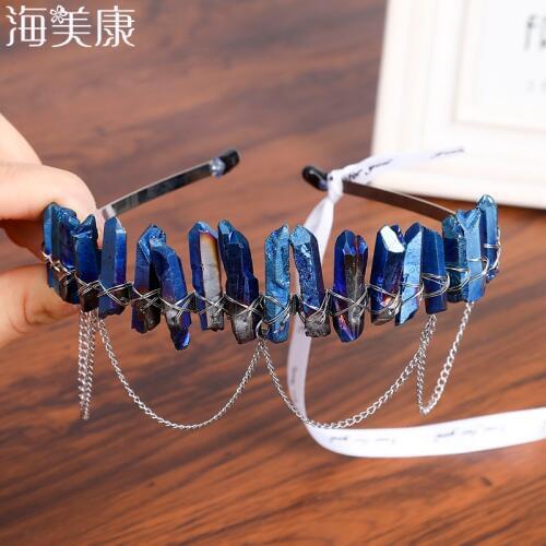 Haimeikang Handmade Natural Crystal Headband with Chain Women Hair Jewelry Wedding Hairbands Crown Holiday Party Gift
