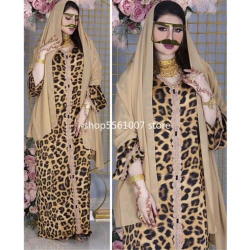 Ramadan Eid Mubarak Jalabiya Leopard Print Maxi Dress Women 2021 Lace Patchwork Loose Arabic Oman Dubai Muslim Islamic Clothing