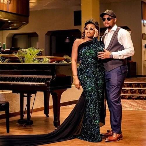 Luxurious Dark Green One Shoulder Prom Dresses with Wrap Plus Size Arabic Aso Ebi Sequined Evening Gowns 2021 New vestidos