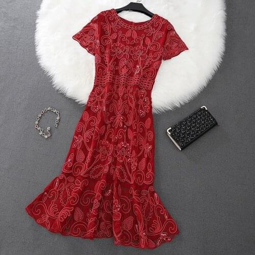 Women Dress O-neck Vintage Mesh Embroidery Elegant Sequin Party Vestido De Festa Sukienki Ropa Mujer Robe