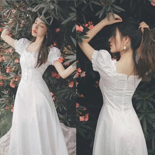 Korean Japan Style Sweet Vintage Retro Summer Dress 2021 Elegant Fairy Dress Women White Black French Puff Sleeve Chiffon Dress