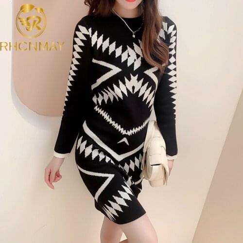 Women 2021 Autumn Winter New Knitted Slim Turtleneck Long Sleeve Sexy Bodycon Sweaters Dresses Female Printed Basic Dresses