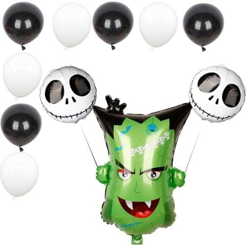 1set Witch Monster Head Skull Aluminum Foil Balloon Black Round Latex Balls Halloween Horror Party Decoration Helium Globos