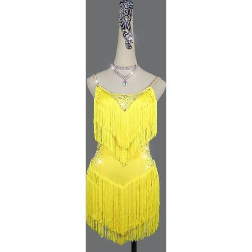 2020 Women Latin Dance Dress For Women yellow Thick Tassels Fringe Dress Stage Dance Costume Competition Latin Dresses Customize