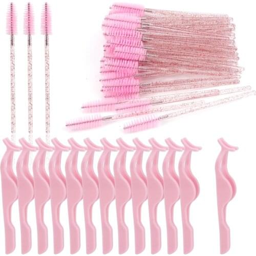 24Pcs False Eyelash Clip Plastic Lashes Forceps Tweezers 100Pcs Disposable Mascara Wands Spoolie Brush Applicator Eyebrow Tools