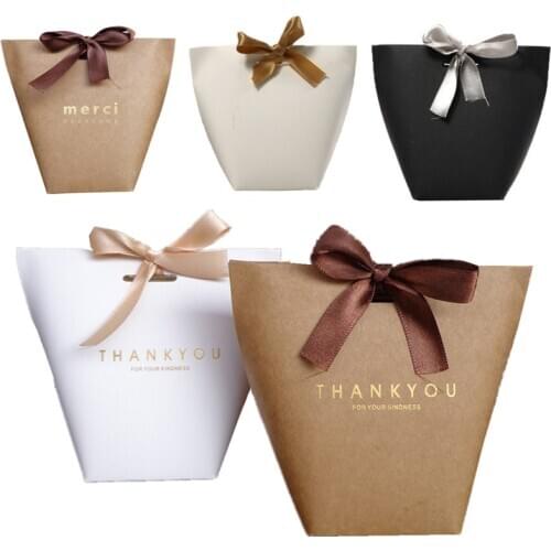 5pcs Upscale Black White Bronzing "Merci" Candy Bag French Thank You Wedding Gift Box Package Birthday Party Favor Bags S L Size