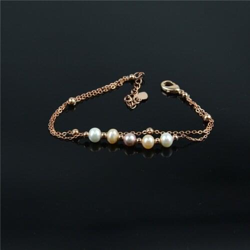 5-6mm Natural Freshwater Pearl Bracelet Genuine Fine Jewelry Gold Color Pearls Chain Woman Gift Bangles Adjustable Length 7.5"