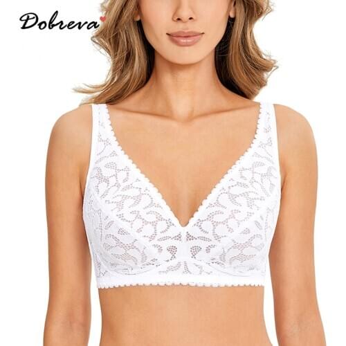 DOBREVA Womens Wireless Unlined Lace Bra Plus Size Full Coverage Comfort Bralette