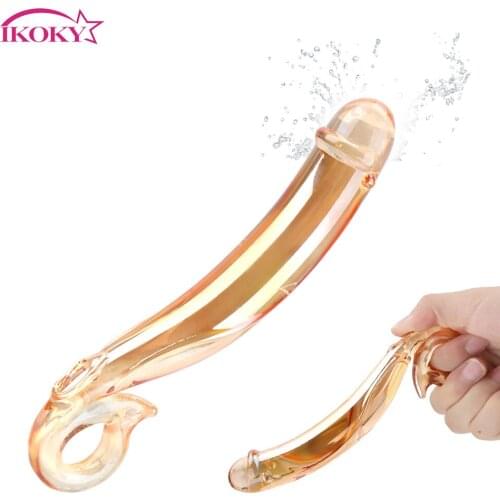 IKOKY Golden Glass Dildo Butt Anal Plug Female Masturbation Sex Toy for Women Transparant Crystal Cock Vagina Massage Fake Penis
