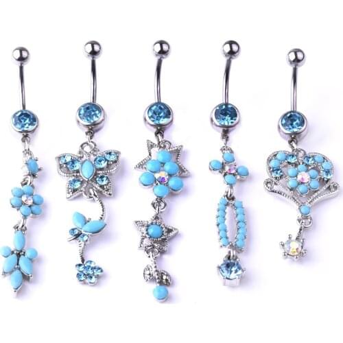 Trendy Heart Star Butterfly Dangle Navel Rings Blue Crystal Stainless Steel Women Fashion Body Piercing Jewelry