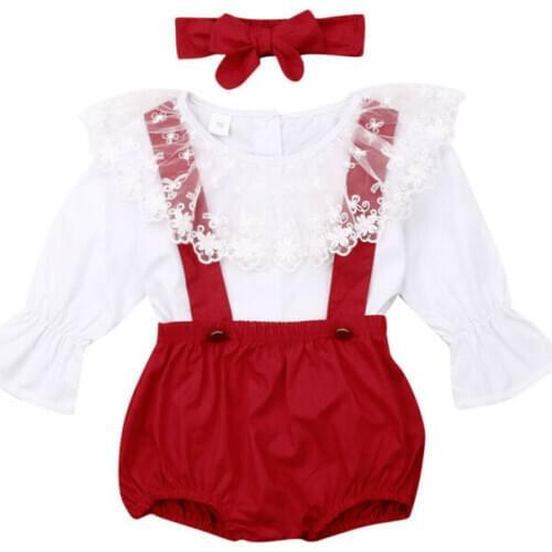 Newborn Baby Girls Clothing Set Princess Lace Long Sleeve Tops + Red Overall + Headband Christmas Baby Girl Costume
