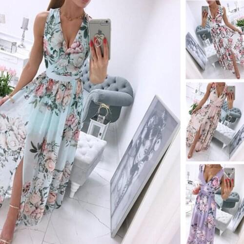 Summer Women Dress 2021Deep V-Neck Sleeveless Elegant Split Beach Maxi Party Dress Vintage Floral Print Long Dresses Vestido