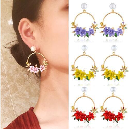 Multicolor Flower Glazed Round Earrings Branches Round Delicate Crystal Leaves Pearl Earrings Fashion Elegant Female Accessories