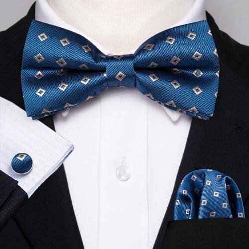 Fashion Blue Pre-Bow Tie For Men Adult Silk Paisley Bow Tie Hanky Cufflinks Set Removable Butterfly tie Wedding Party Barry.Wang