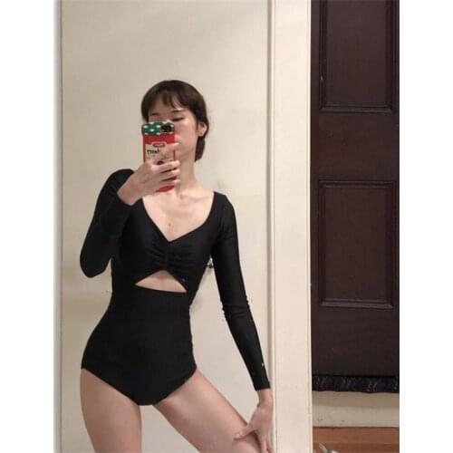 2021 New Sexy Long Sleeve One Piece Swimsuit Women Solid Swimwear Open Back Monokini Push Up Swim Suit Korea Bathing Suit