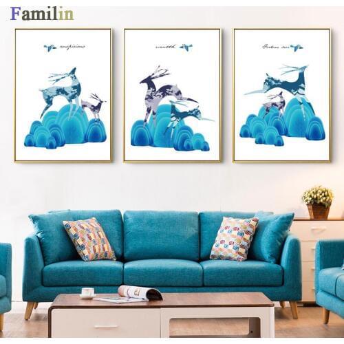 Blue Mountain Forest River Deer Nordic Posters And Prints Wall Art Canvas Painting Wall Pictures For Living Room Decor