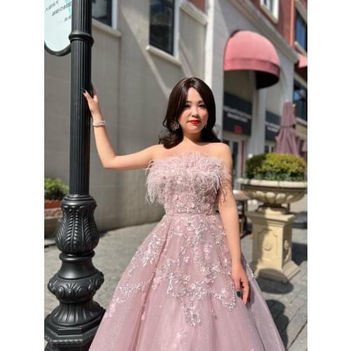 Luxury Feathers Long Arabic Evening Gowns for Women Wedding Party Dresses Pink Dubai Formal Prom Engagemant Dress