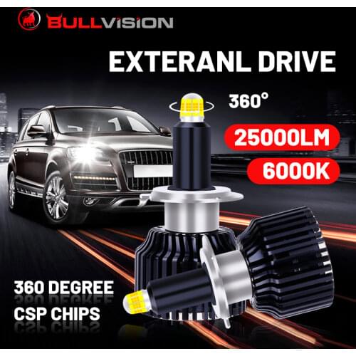 BULLVISION H7 LED Headlights 25000LM 360° CSP Chip 9012 HIR2 H11 H1 H8 H9 9005 9006 HB3 HB4 5000K White Bulb External Driver 12V