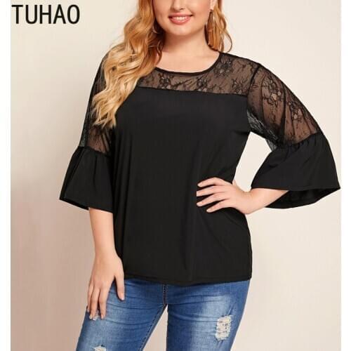TUHAO summer women shirt blouse plus size 8XL 7XL 6XL 5XL sexy flared sleeve top office lady lace large size clothing for woman
