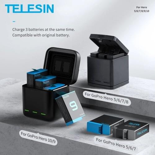 TELESIN Battery for GoPro Hero 9 8 7 6 5 3 Ways LED Light Battery Charger TF Card Battery Storage For GoPro Hero 5 6 7 8 9 Black