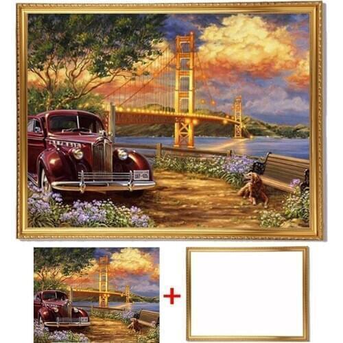 Framed 5D Diamond Painting Landscape Seaside Car Full Round Diamond Embroidery Full Set Scenery Cross Stitch Sewing Rhinestones