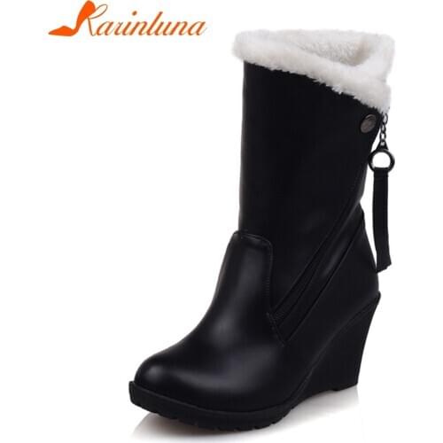 KARINLUNA New Hot Sale Solid Zip Wedges High Heels Shoes Woman Casual Winter Mid-Calf Boots Black Large Size 30-52