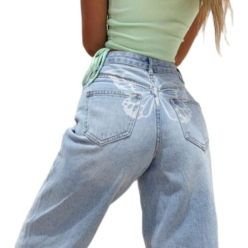 Traf European and American Fashion Womens Pants y2k Temperament High Waist Printing Pattern Wide Leg Jeans Womens Hot