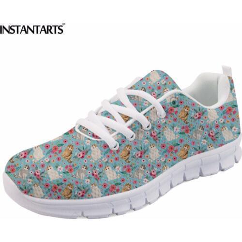 INSTANTARTS Mesh Womens Sneakers Breathable Lace Up Flat Shoes Exotic Short Hair Cat Flower Pattern Shoes Women Casual Flats