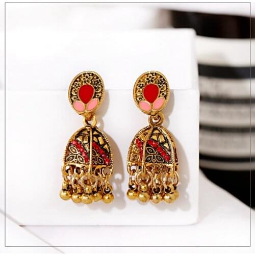 Womens Vintage Red Indian Jhumka Jewelry Ethnic Bell Beads Tassel Earrings Antique Drop Earring Brincos