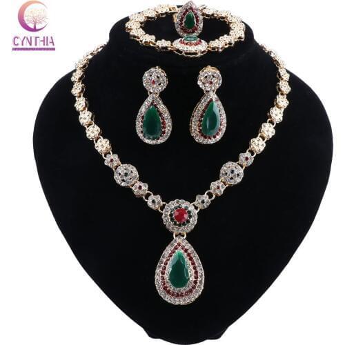 CYNTHIA Gold Color African Costume Necklace Bracelet Earrings Ring Nigeria Dubai Wedding Rhinestone Jewelry Sets For Women