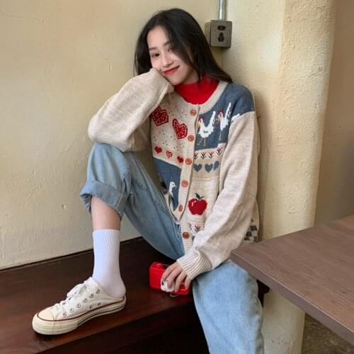 2020 Korean Retro Stylish Casual Loose Love Cardigan Sweater Sweaters Harajuku Clothing Female