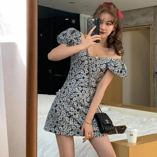 2021 Summer Elegant A Line V Neck Floral Printing Mini Dress Plus Size Short Puff Sleeve Dresses for Women Chinese Fashion