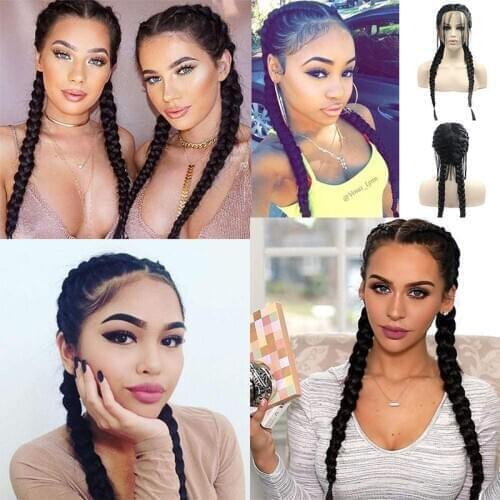 1B# Natural Black Long Double Braids Lace Wigs for Women Jet Black Synthetic Braided Lace Front Wig