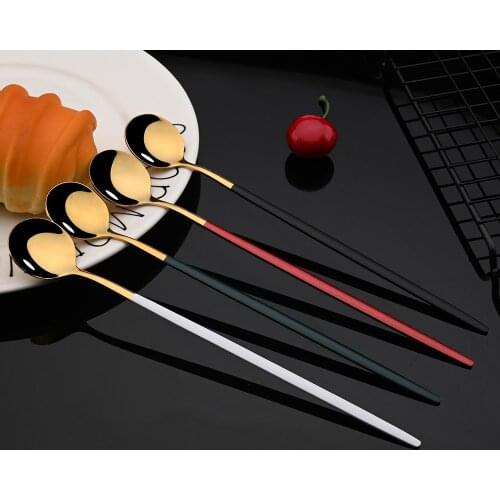 20cm Long Handled Stainless Steel 4Pcs/Set Ice Cream Dessert Tea Spoon Colorful Coffee Spoon Dinnerware Flatware Kitchen Tools