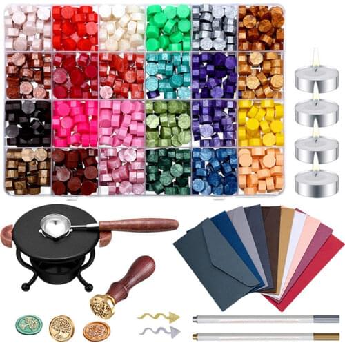 24 Colors Fire Lacquer Wax Sealing Wax Stamp Full Tool Set with Furnace Stove Pot For DIY Envelope Wedding Scrapbooking Decor