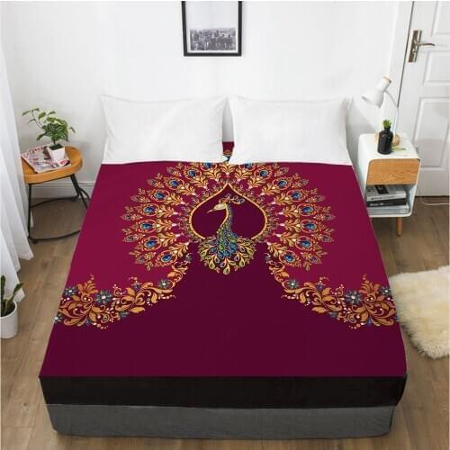 3D HD Digital Printing Custom Bed Sheet With Elastic,Fitted Sheet Queen King Wedding peacock Bedding Mattress Cover 150x200cm