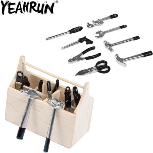 8PCS RC Car Household Metal Tool Set with Mini Wooden Box for 1/10 RC Rock Crawler Car Parts 1:12 Scene Models