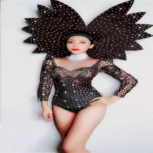 D38 Black crystals headwear singer performance wears bodysuit dj dress dance costumes catwalk stage outfits bar jumpsuit female