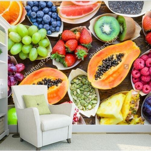 Fruit wallpaper,Fruits, berries, nuts, seeds top view on wood,3D photo mural for kitchen store restaurant wall silk wallpaper