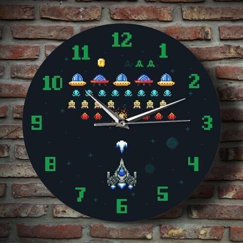 Space Alien Invader Pixel Spaceship Kids Game Room Wall Clock Vintage Video Game Arcade Video Game Printed Acrylic Wall Clock