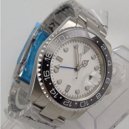 40MM Sterile White Dial Sapphire glass Date Black Ceramic Bezel Steel Bracelet GMT Automatic Movement Mens Watch