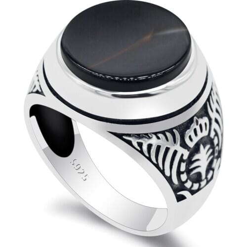 Real 925 Sterling Silver Islamic Men Ring with Round Natural Black Onyx Stone Male Rings Muslim Religious Jewelry Turkish Ring